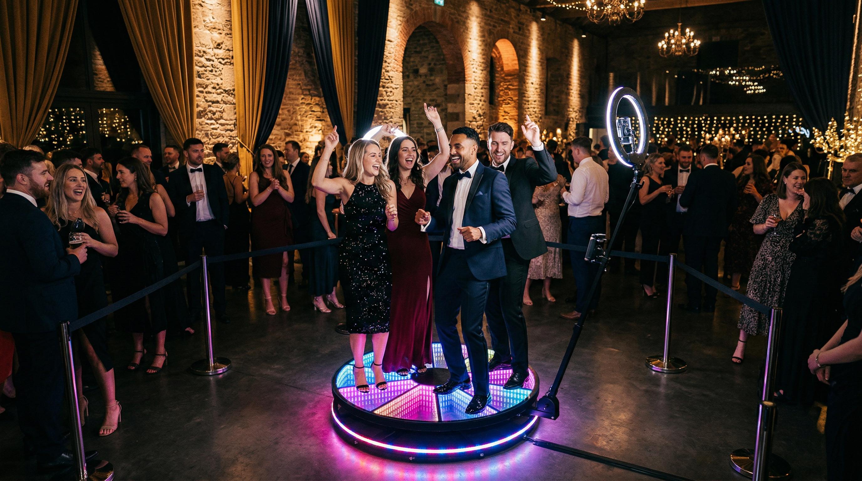 Guest posing on a glowing 360 photo booth platform at a Miami waterfront party