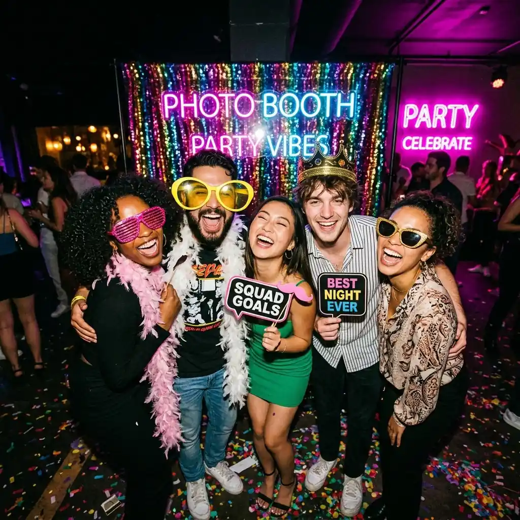 Friends celebrating at a neon-lit photo booth party