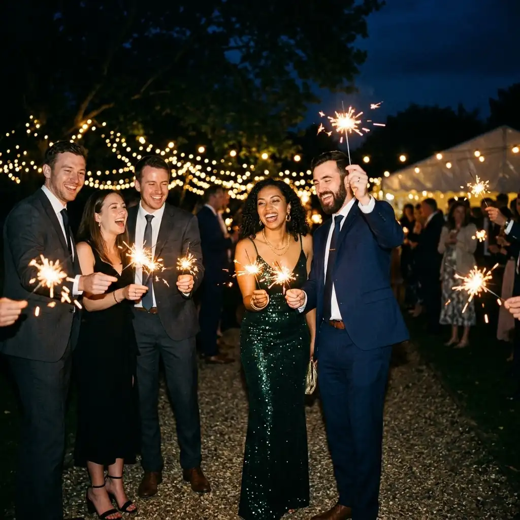 Guests holding sparklers at an outdoor evening wedding reception